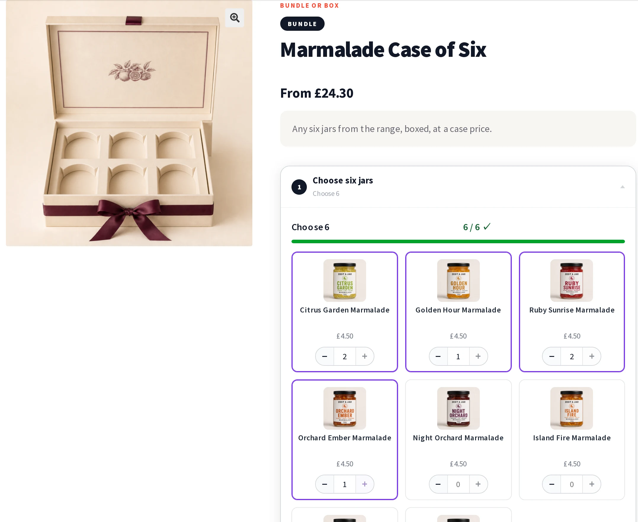A marmalade case of six being filled from photo cards of the jars, six of six chosen
