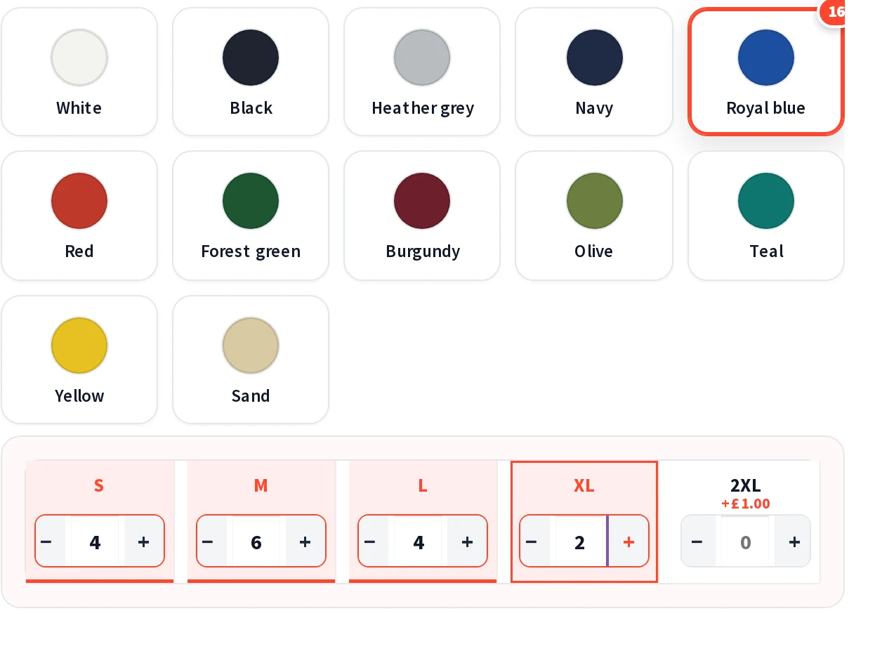 A colour and size quantity grid for a printed team tee: twelve colours, live counts per size